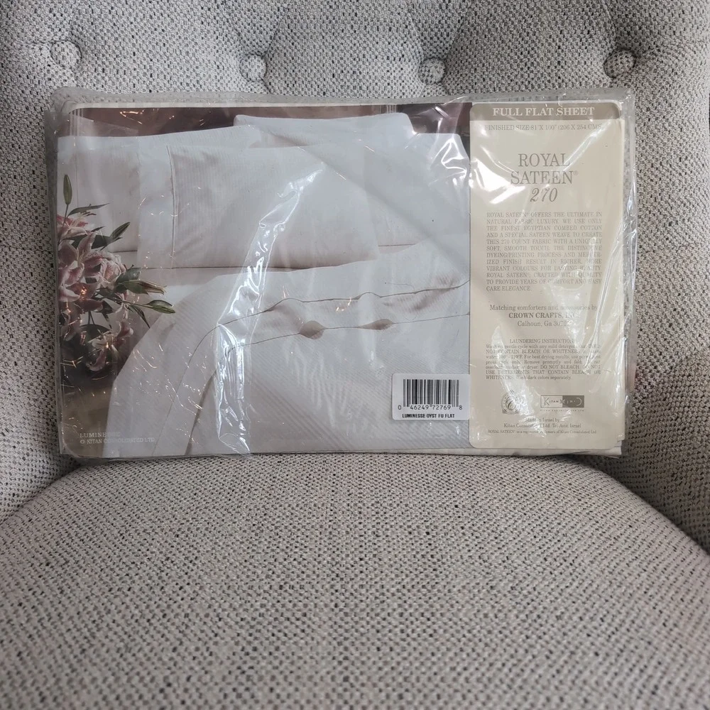 Vintage Royal Sateen 270 Egyptian Cotton Full Flat Sheet Oyster Striped NOS Seal